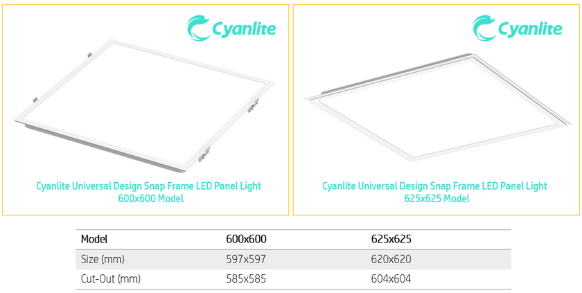 Cyanlite 600x600 625x625 backlite LED panel light universal snap-in design